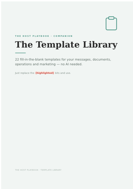 The Host Playbook Template Library cover — 22 fill-in templates